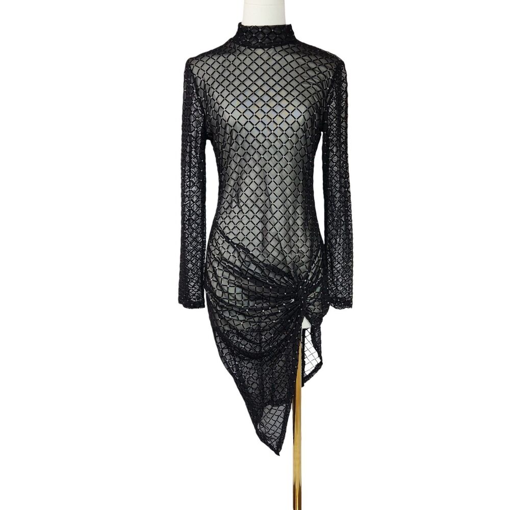 Unbranded Sheer Black Mesh Dress M Long Sleeve Mock Neck Velvet Diamond Pattern